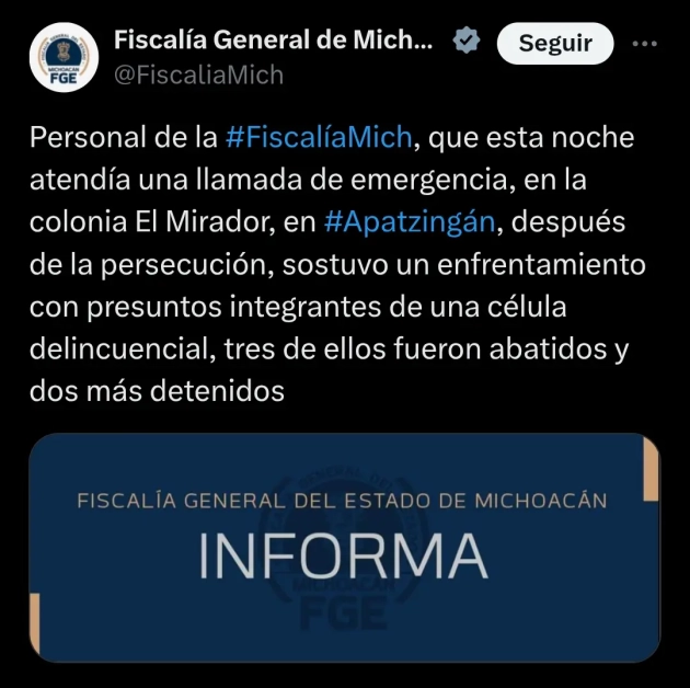 Tras enfrentamiento en Apatzingán, Fiscalía de Michoacán detiene a dos presuntos integrantes de célu 